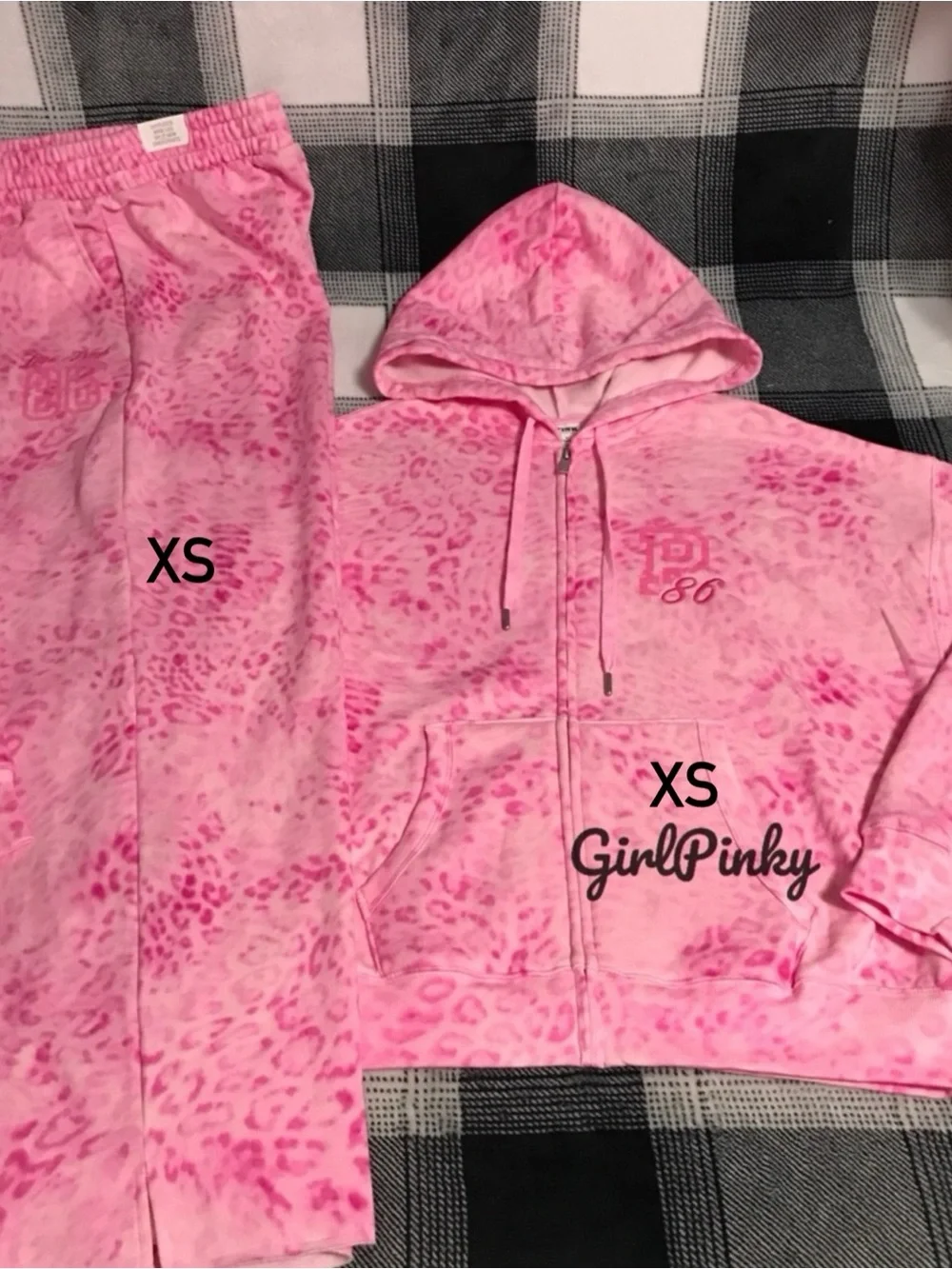 VS PINK IVY FLEECE CAMPUS FULL ZIP & SWEATPANTS PINK LEOPARD PRINT LOGO XS
